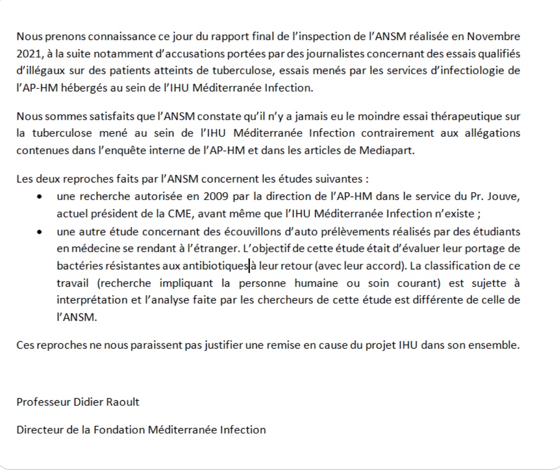 Communiqué du Pr Didier Raoult, directeur de la Fondation Méditerranée Infection
