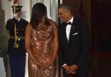 Michelle Obama en robe Versace. 
