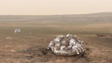 Vue d'artiste du module Schiaparelli sur Mars.