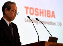 Le président de Toshiba Satoshi Tsunakawa lors d'une conférence de presse à Tokyo le 23 juin 2017