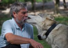 Kurt Kotrschal et l'un de ses loups du Centre d'études scientifiques des loups d'Ernstbrunn, au nord