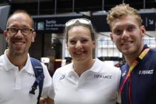 Yohann Diniz (g), Mélina Robert-Michon (c) et Kevin Mayer, médaillés français aux Mondiaux d'athléti