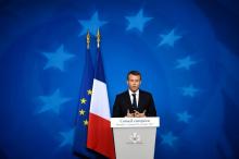 Emmanuel Macron, lors d'une conférence de presse à l'issue d'une réunion des chefs d'Etat et de gouv