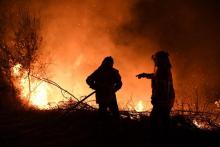 Des pompiers luttent contre un incendie à Cabanoes, près de Louzan, le 16 octobre 2017 au Portugal