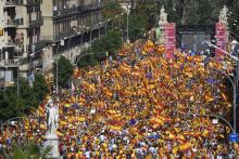 Les manifestants écoutent l'écrivain Mario Vargas Llosa lors d'un rassemblement à Barcelone en faveu