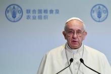 Le pape François fait un discours pendant une réunion de la FAO à Rome, le 16 octobre 2017
