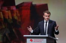 Le président Emmanuel Macron fait un discours à l'ouverture de la Foire du livre de Francfort le 10 