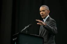 L'ancien président des Etats-Unis Barack Obama prononce un discours lors d'un sommet pour l'économie