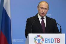 Le président russe Vladimir Poutine prononce un discours lors d'une conférence de l'Organisation mon