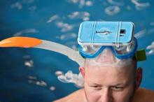 Un homme nage avec des lunettes de réalité virtuelle permettant de visionner des films sur les dauph