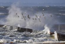 Une vague se brise contre un phare à Saint-Malo, le 27 décembre 2017