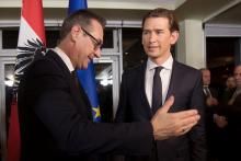 Heinz-Christian Strache (FPÖ) et Sebastian Kurz (ÖVP) après une conférence de presse où ils ont dévo