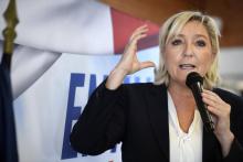 La présidente du Front national Marine Le Pen prononce un discours à Crach, dans le Morbihan, le 22 