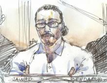 Un croquis d'audience montre Jawad Bendaoud, lors de son procès au palais de Justice de Paris, le 24 janvier 2018