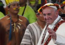 Le pape François lors d'une réunion avec des représentants des communautés indigènes du bassin amazonien à Puerto Maldonado, le 19 janvier 2018, au Pérou