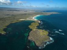 Vue aérienne de Tortuga Bay, dans l'île de Santa Cruz, le 21 janvier 2018 aux Galapagos