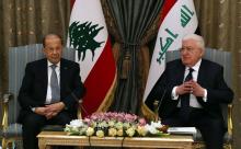 Le président libanais Michel Aoun (G) et son homologue irakien Fouad Marsoum, à Bagdad, le 20 février 2018