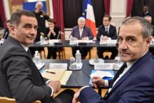 Les présidents du conseil exécutif corse, Gilles Simeoni (G), et de l'Assemblée corse, Jean-Guy Talamoni (D), à Paris, le 13 février 2018