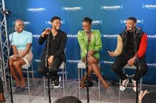 Les acteurs Danai Gurira, Chadwick Boseman, Lupita Nyong'o et Michael B. Jordan, lors d'une conférence sur le film "Black Panther", au "SiriusXM's Town Hall" de New-York, le 13 février 2018