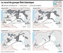 Evolution des zones contrôlées par le groupe jihadiste Etat islamique entre janvier 2015 et février 2018 en Syrie et en Irak