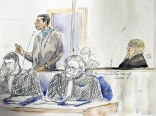 Un crocquis d'audience montre Cécile Bourgeon (D) et Berkane Makhlouf (G) au tribunal de Riom, le 14 novembre 2016
