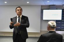 Carlos Ghosn, PDG de Renault Nissan lors d'une conférence de presse au siège du groupe, à Boulogne-Billancourt, près de Paris, le 16 février 2018