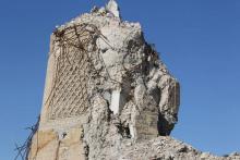 L'emblématique minaret penché de Mossoul, surnommé "la bossue" par les habitants, détruit à l'été 2017 pendant la bataille contre le groupe Etat islamique (EI), le 8 janvier 2018