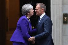 La Première ministre britannique Theresa May et le président du Conseil européen Donald Tusk au 10 Downing Street à Londres le 1er mars 2018