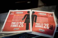 La Une du quotidien Libération vendu plus cher pour les hommes lors de la journée international des droits des femmes, le 8 mars 2018 à Paris