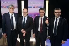 Les quatre candidats au poste de premier secrétaire du PS (de g à d): Stéphane Le Foll, Emmanuel Maurel, Olivier Faure et Luc Carvounas avant le débat télévisé qui les a opposés le 7 mars 2018, à Boul