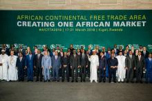 Les chefs d' Etats et de gouvernements des 44 pays africains ayant signé à Kigali un accord pour créer une zone de libre-échange continentale (Zlec), le 21 mars 2018