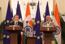 Le président Emmanuel Macron et le Premier ministre indien Narendra Modi lors d'une conférence de presse, le 10 mars 2018 à New Delhi