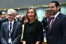 La cheffe de la diplomatie européenne Federica Mogherini (C), le chef de l'agence d'aide de l'ONU, l'UNOCHA, Mark Lowcock (G) et le Premier ministre libanais Saad Hariri participent à une conférence d
