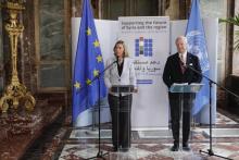 Le Haut commissaire des Nations unies pour les Réfugiés (HCR), Filippo Grandi, lors de la conférence des donateurs en faveur des 5 millions de Syriens réfugiés dans les pays voisins et les 6,1 million