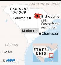 Carte localisant la prison Lee Correctional Institution près de la ville de Bishopville en Caroline du Sud, où une mutinerie a fait plusieurs morts et blessés