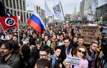Des milliers de Russes manifestent le 30 avril 2018 à Moscou contre le renforcement de la surveillance sur internet, après le blocage par les autorités russes de la messagerie cryptée Telegram