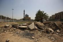 Une photo du rond-point de Bagdad d'où fut déboulonnée la statue de Saddam Hussein lors de l'invasion américaine en 2003. La photo prise le 5 avril 2018 montre le rond-point toujours en attente de réa