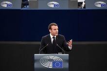 Le président Emmanuel Macron prononce un discours devant les membres du Parlement européen, le 17 avril 2018 à Strasbourg