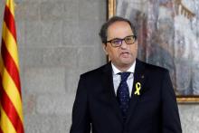 Le nouveau président de la région Catalogne, l'indépendantiste Quim Torra s'exprime lors de sa prise de fonctions le 17 mai 2018 à Barcelone