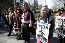 Manifestation contre l'oléoduc Trans Mountain le 10 mars 2018 à Burnaby, au Canada