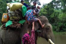 Le 2 mai 2018 une famille de déplacés grimpe sur un éléphant chargé de leur effets personnels pour traverser une rivière à Danai en Birmanie