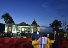 L'ancien chef de la guerilla Taur Matan Ruak prononçant son premier discours en tant que Premier ministre du Timor oriental, le 22 juin 2018 dans la capitale Dili