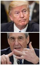Le procureur spécial Robert Mueller (photo prise le 19 juin 2013 à Washington) a menacé d'assigner à comparaître Donald Trump (photographié le 31 janvier 2017) dans le cadre de son enquête sur l'ingér