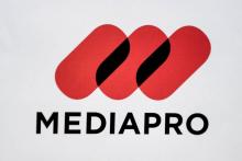 Le logo du groupe espagnol Mediapro le 31 mai 2018 à Paris