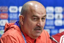 Le sélectionneur de l'équipe de Russie Stanislav Cherchesov en conférence de presse à la veille du match d'ouverture du Mondial contre l'Arabie Saoudite, le 13 juin 2018 à Moscou