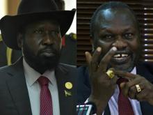 Combinaison de deux photos: à gauche, le président du Soudan du Sud Salva Kiir lors du 30e sommet de l'Union africaine à Addis-Abeba le 29 janvier 2018; à droite son rival Riek Machar lors d'une confé