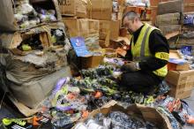 Un douanier contrôle des chaussures de sport issues d'une saisie, le 8 décembre 2011 dans un entrepôt à Epouville, en Seine-Maritime