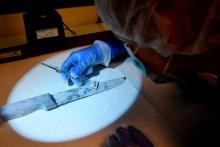 Une technicienne utilise un "crimescope" pour chercher des empreintes, le 22 mai 2018 à l'Institut français des empreintes génétiques (Ifeg) à Nantes
