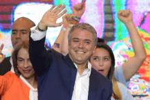 Le nouveau président élu colombien Ivan Duque fête sa victoire à la présidentielle, le 17 juin 2018 à Bogota