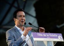 Guillaume Peltier, vice-président des Républicains, prononce un discours lors de la "fête de la Violette", à Souvigny-en-Sologne, dans le Loir-et-Cher, le 30 septembre 2017
